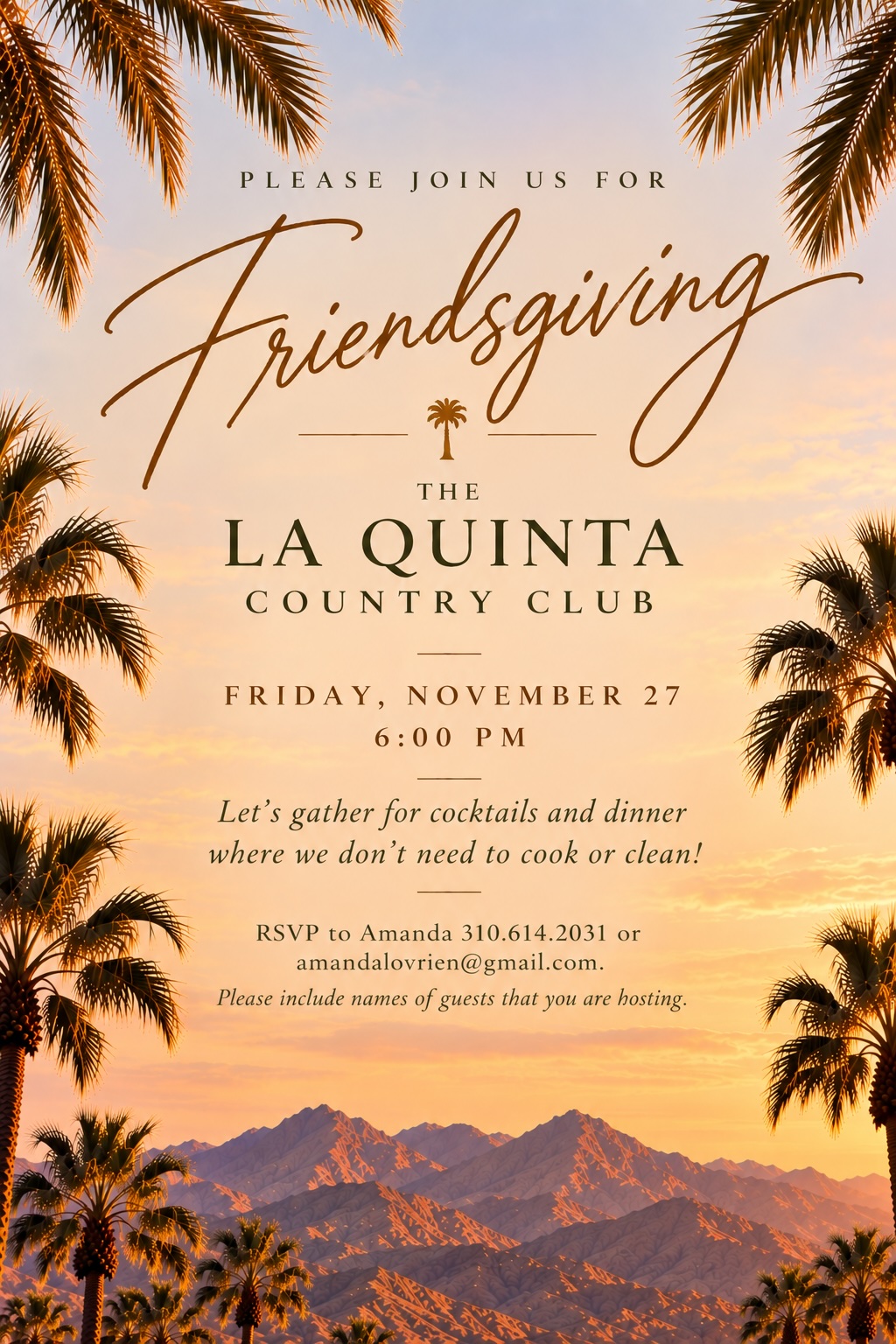 Friendsgiving invitation for Friday, November 27 at 6:00 PM at La Quinta Country Club